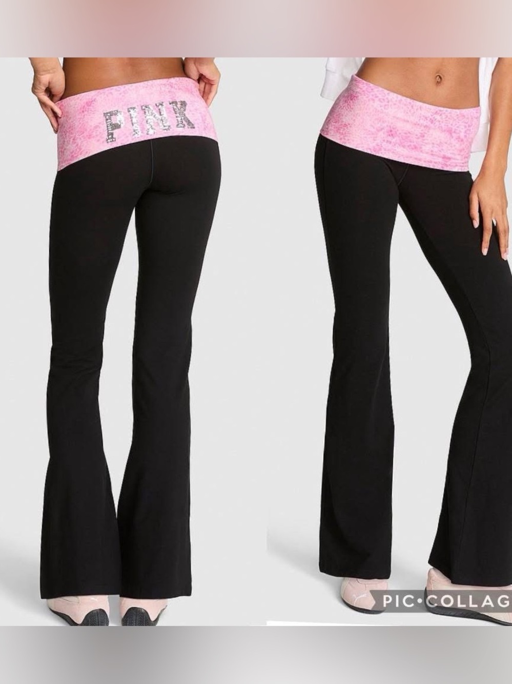 PINK Victoria's Secret Black Flare Yoga Pants with Pink Fold-Over Waist